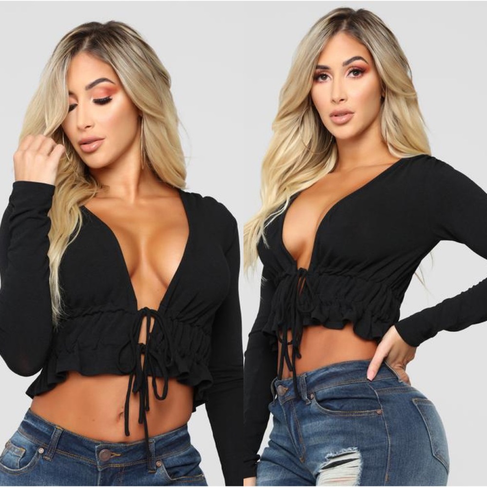 Fashion Nova | Black Long Sleeve Front Tie Top